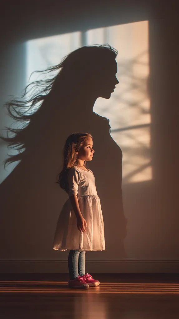 A young girl in a white dress and pink shoes stands in front of a wall. Projected on the wall is a silhouette of a woman with long hair. The light shines through a window behind the girl and illuminates her. There is a sense of reflection and connection between the two figures. The image evokes themes of childhood, femininity, and growth.