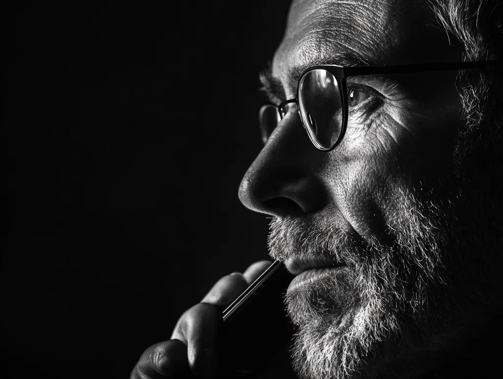 A black and white close-up portrait of a man with glasses. He has a salt-and-pepper beard and is looking off to the side. He is holding a phone to his ear, with the image focused on his face and the phone. The lighting is dramatic, with the man's face illuminated and the background dark. The man looks thoughtful and intense.