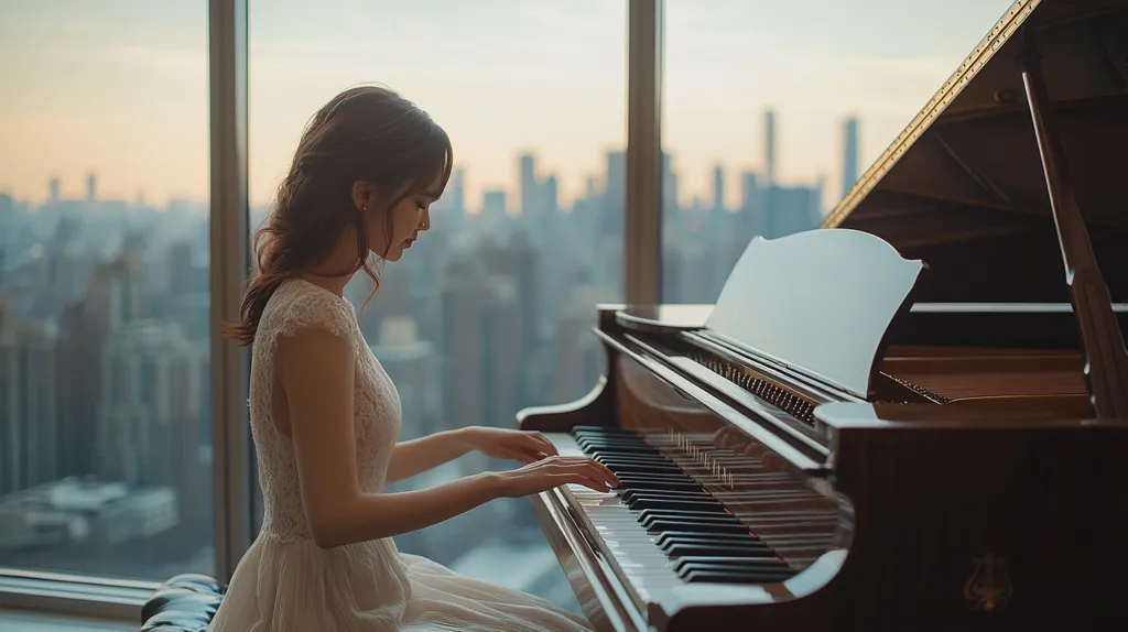 A woman in a white dress sits at a grand piano in front of a large window overlooking a city skyline. The sun is setting, casting a warm glow on the scene. The woman's fingers delicately press the keys, creating a beautiful melody. The image captures a moment of peace and tranquility, as she immerses herself in the music.
