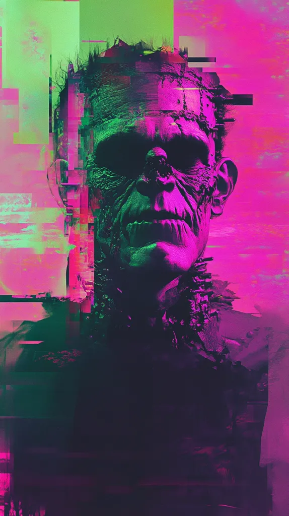 The image is a close-up portrait of a man's face, rendered in a digital art style.  The image is heavily stylized with a glitch effect. His face appears distorted and pixelated, giving the impression of a digital malfunction. The background is a vibrant pink and green, creating a stark contrast to the man's face. The overall effect is eerie and unsettling.