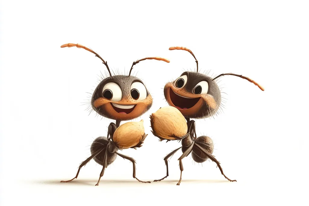 Two cartoon ants with big eyes and smiles are holding nuts in their front legs. The ants have black bodies, orange antennas, and brown legs. They are both facing the viewer and standing on a white background. The image is a cute and humorous portrayal of ants.