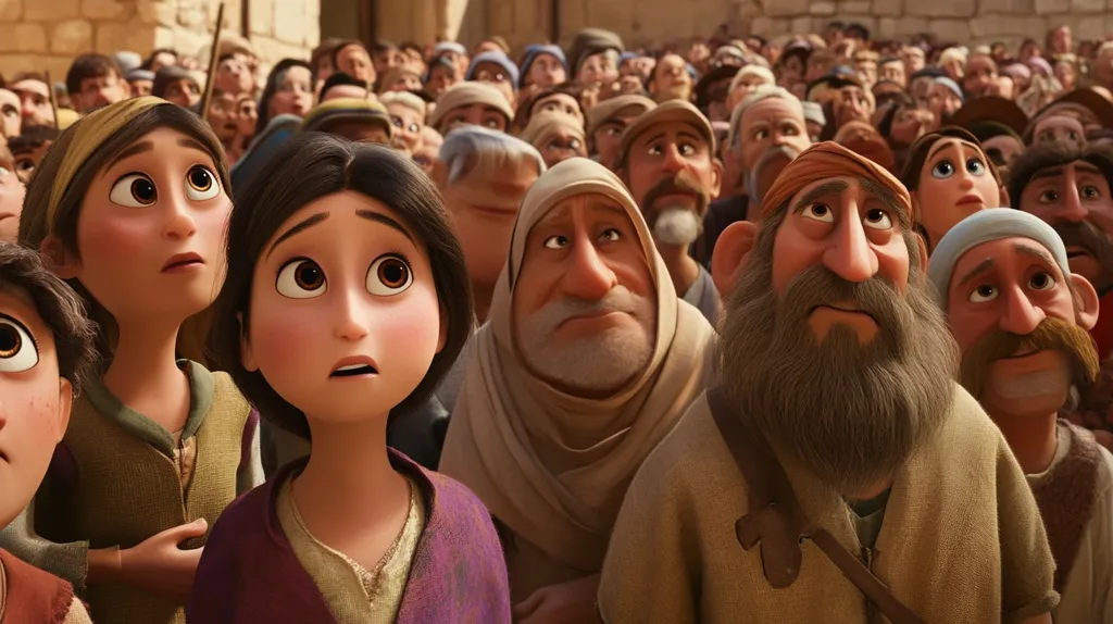 The image shows a large crowd of people, mostly men, in a biblical setting. Many are looking up at something beyond the frame. The focus is on a young woman with long dark hair, wearing a purple robe, and a man with a long white beard and a tan robe.  Both are gazing upwards with a mixture of awe and anticipation. The scene conveys a sense of suspense and anticipation.