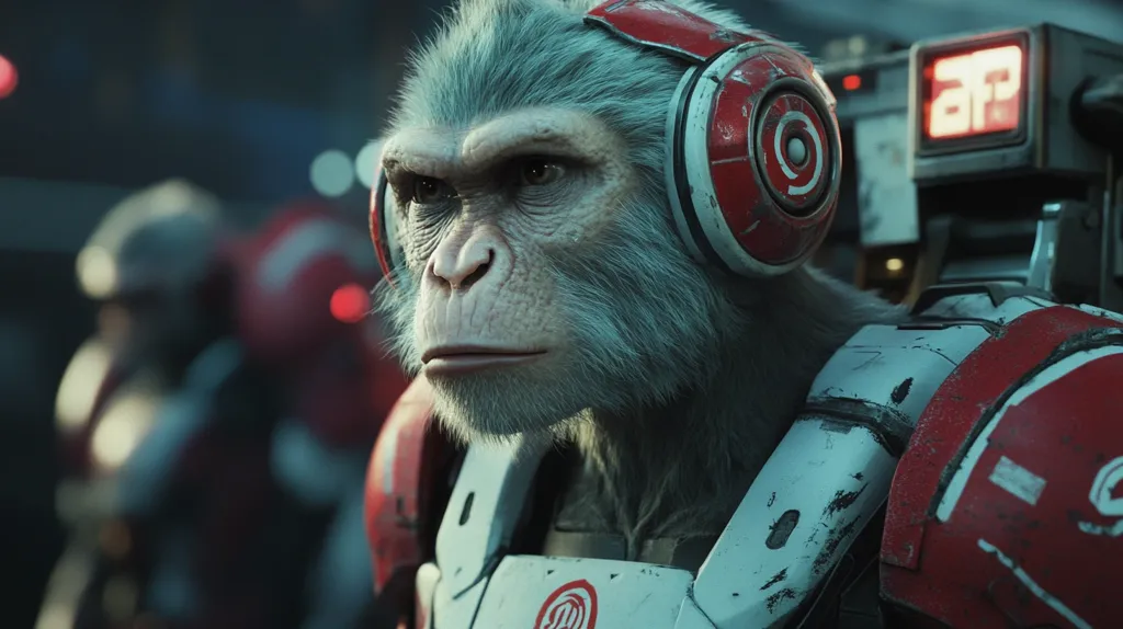 A close-up shot of a monkey in a futuristic setting. The monkey is wearing a red and white suit with a red and white helmet. It is looking directly at the camera with a serious expression. The background is blurry, but you can see other monkeys in the distance. The monkey looks intelligent and capable. The image suggests that this monkey is a soldier or warrior.