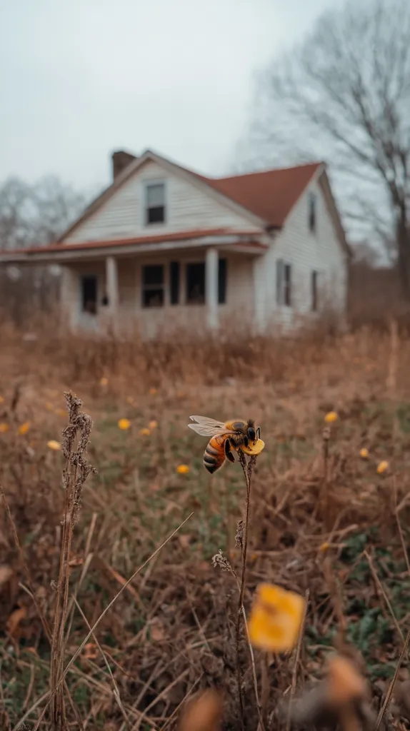 A bee is perched on a yellow flower in a field of brown grass. A white farmhouse with a red roof stands in the background, partially obscured by the tall grass. The day is overcast and the air is hazy. The focus is on the bee, creating a sense of peace and tranquility.