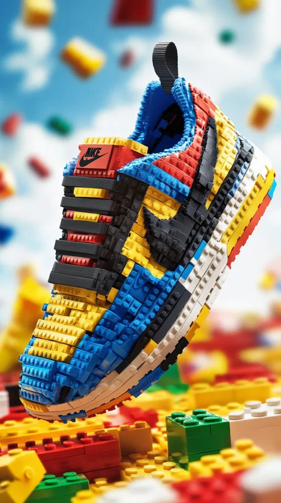 A Nike shoe built entirely out of colorful Lego bricks sits on a bed of scattered Lego pieces. The shoe features the iconic Nike swoosh and classic design, but is constructed in a whimsical and playful way. The vibrant colors and unique construction create a fun and eye-catching display.
