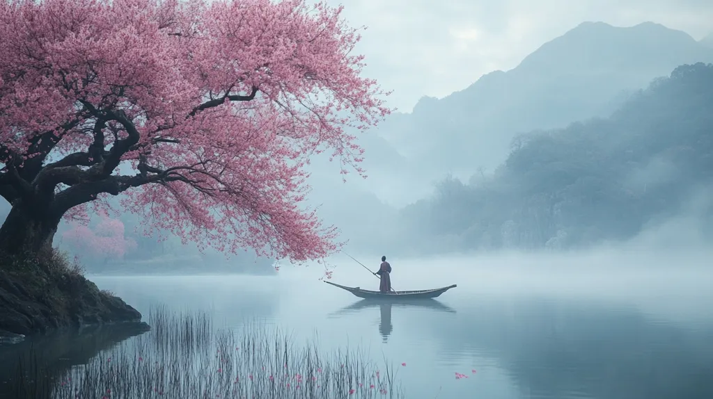 A lone figure in a boat rows across a misty lake, their silhouette barely visible against the soft blue haze. A large cherry blossom tree hangs over the water, its branches heavy with pink flowers. The mountains in the background are shrouded in fog, adding to the ethereal atmosphere of the scene.  The image evokes a sense of peace and tranquility.