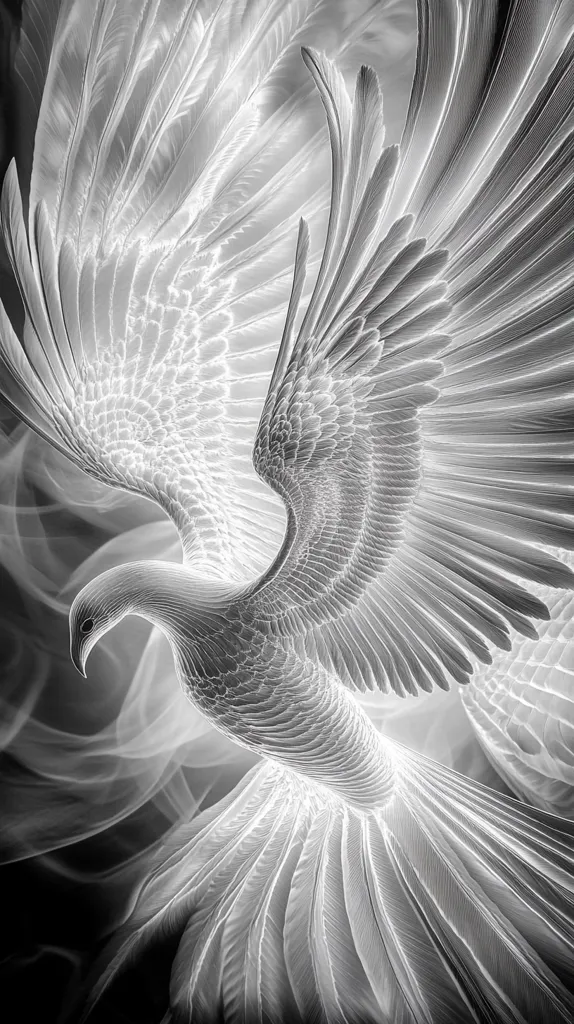 A black and white image of a bird with its wings spread wide. The bird is in flight and its feathers are detailed. The image is set against a blurred background of white smoke. The bird's body is angled towards the right of the frame. The composition highlights the delicate texture and intricate pattern of the feathers. The use of black and white creates a sense of ethereal beauty and accentuates the contrast between light and shadow.
