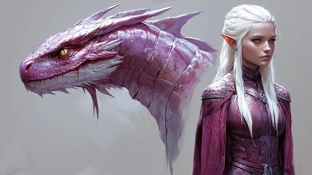 The image depicts a beautiful female elf with long white hair, wearing a long purple cloak. The elf has pointed ears and a serious expression on her face. A large pink dragon head with yellow eyes is positioned behind her.  The dragon head is facing left, while the elf faces the viewer.  The background is a light gray color.  The artwork is done in a realistic style, with soft lighting and subtle shadows.  The image evokes a sense of mystery and power.
