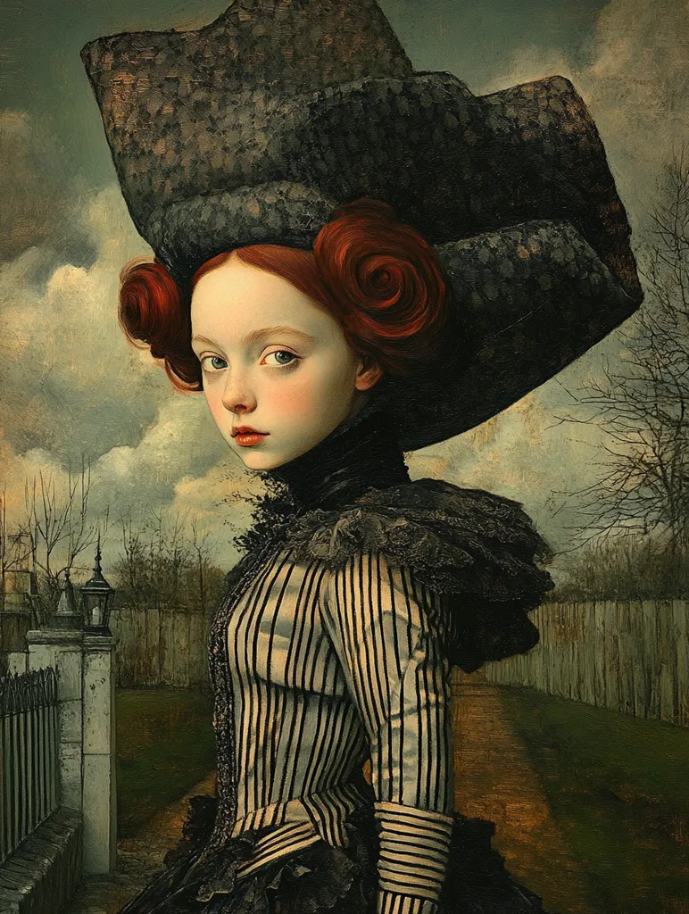 A young woman with red hair and a large black hat stands in a forest setting. She wears a striped dress and a black lace shawl. Her expression is solemn and her gaze is directed towards the viewer. The painting's muted colors and atmospheric composition convey a sense of mystery and melancholy.