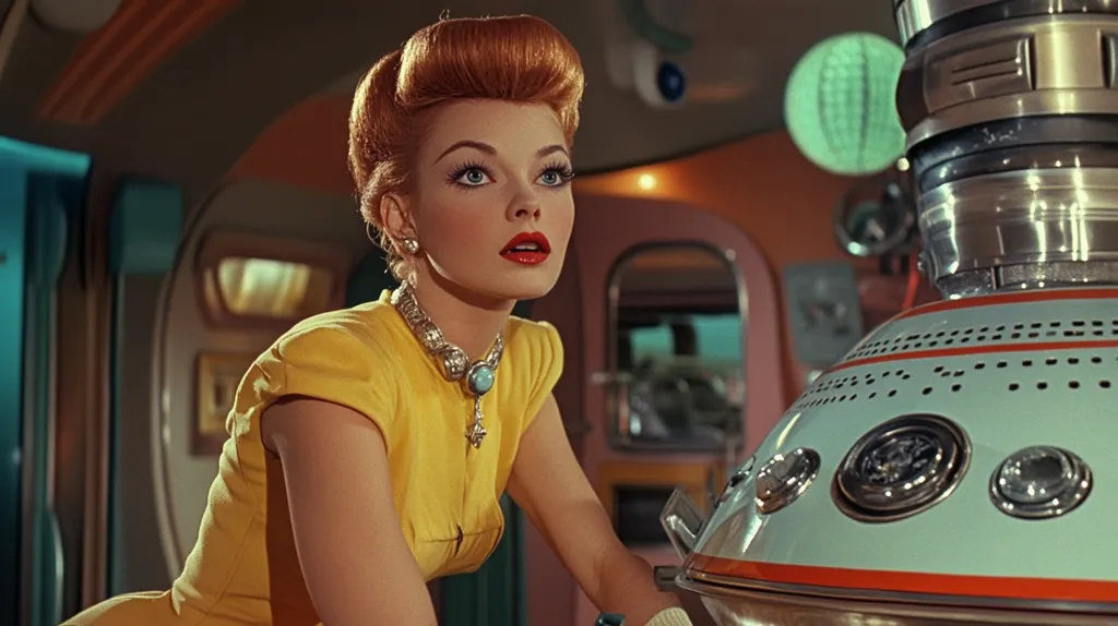 A woman with red hair, styled in a 1950s fashion, wears a yellow dress and a large jewel necklace. She stares with a curious expression towards a futuristic device in front of her. The device is made of silver and blue and has a circular top with multiple buttons. The scene is set in a futuristic interior with sleek, rounded lines.  The image has a vintage sci-fi aesthetic.