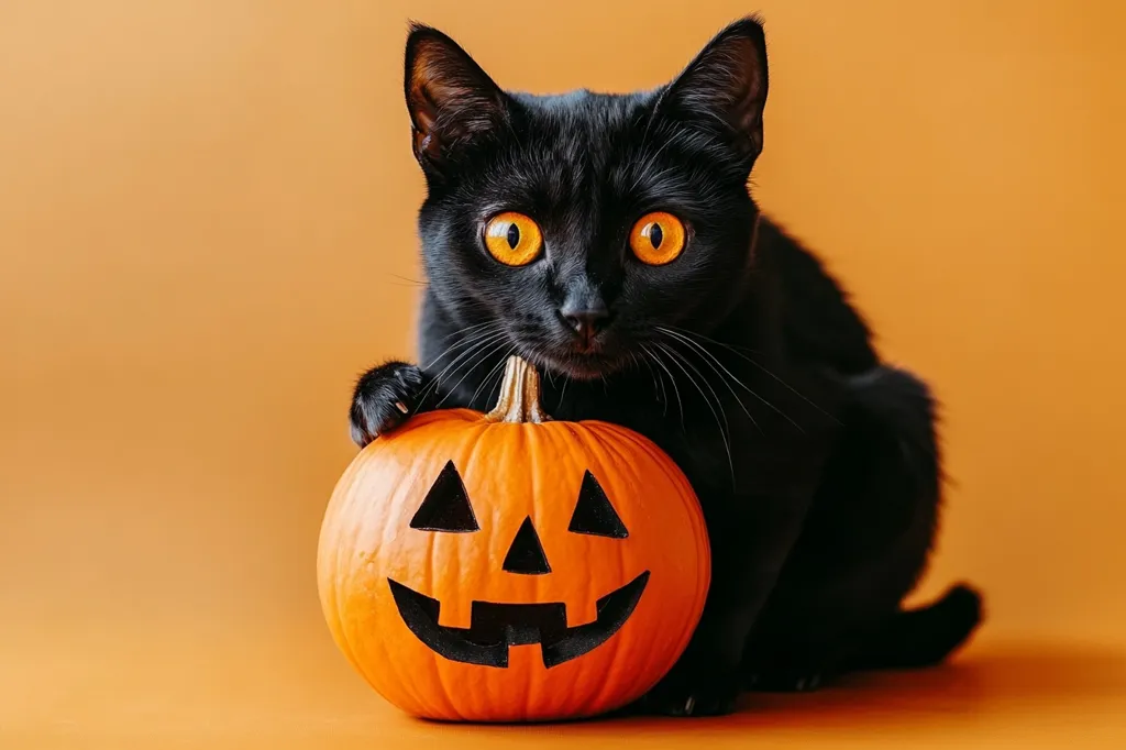 A black cat with bright orange eyes sits in front of an orange background holding a carved pumpkin with a jack-o'-lantern face. The cat is positioned to the left of the frame, its body partially obscuring the pumpkin. The pumpkin's orange color contrasts with the black cat's fur, creating a visually striking image.