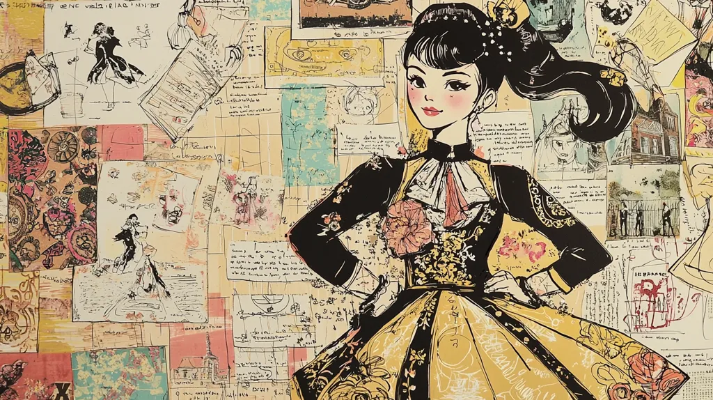 The image is a collage of drawings and sketches in black, white and yellow tones, on a cream and pink background. It features a woman in a dress, wearing a large flower on her chest, looking to the left. There are other figures, buildings and landscapes in the background. The image is reminiscent of an antique scrapbook or journal.