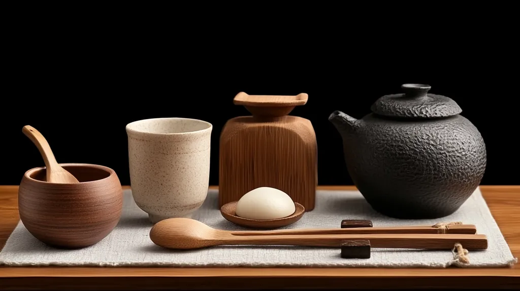 A minimalist tea set is arranged on a wooden table. It consists of a black teapot with a textured surface, a white ceramic cup, a wooden bowl with a wooden spoon, a wooden box with a lid, and a white mochi. Two wooden chopsticks are placed beside the mochi. The set is on a light grey cloth. The background is a dark black.  The composition is simple and elegant, showcasing the beauty of the materials and the craftsmanship.
