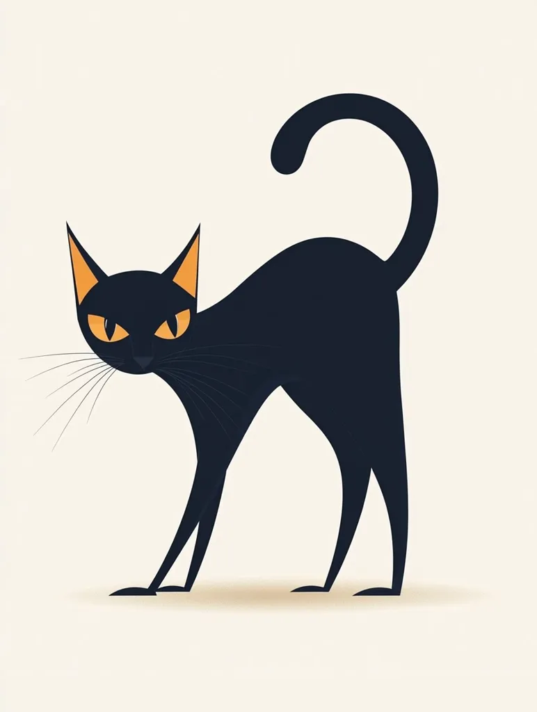 A black cat with orange eyes is illustrated in a cartoon style. The cat is standing with its tail curled up and its ears perked. It has a mischievous expression on its face, with its whiskers visible. The background is a light beige color. The image is simple and minimalist, with a focus on the cat's silhouette.  The cat has a playful, almost mischievous look, suggesting a sense of fun and whimsy.  The overall design is clean and appealing.