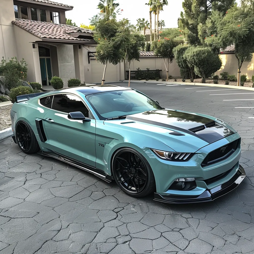A teal Ford Mustang is parked in front of a residential building. The car has black racing stripes down the hood and a black spoiler. It has large black wheels with a multi-spoke design. The car is sitting on a paved driveway with a textured, cracked surface. There are trees and bushes in the background.  The car has a "710" decal on the side.
