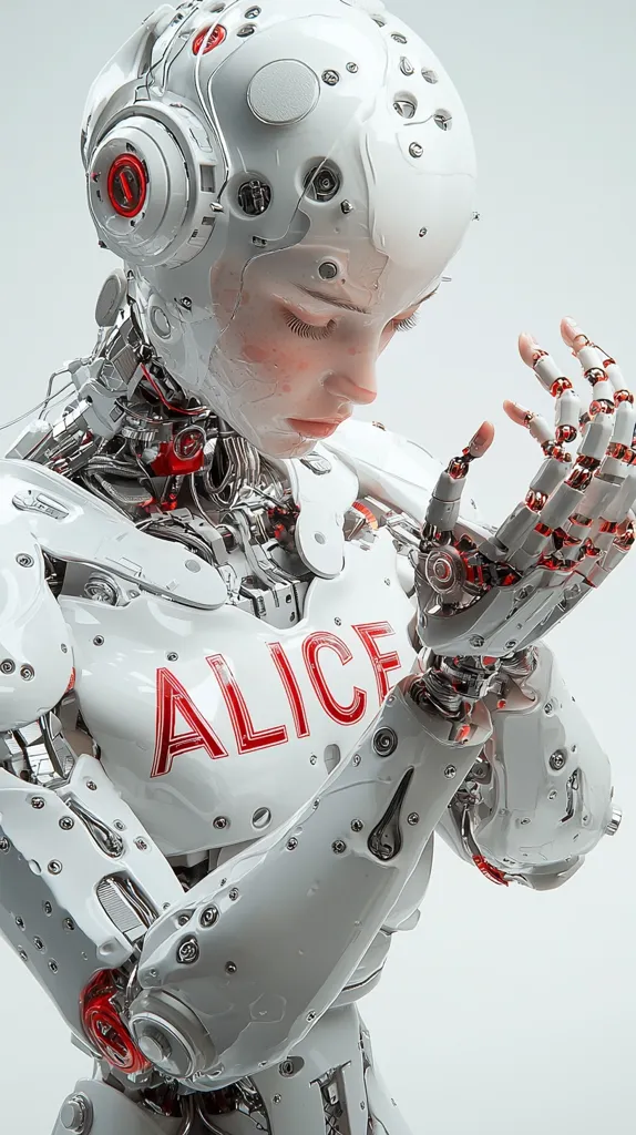 The image depicts a humanoid robot with a white metallic body, adorned with intricate mechanical details. The robot's head is a smooth white dome with exposed wiring and a red circular element on the side. The robot's face is human-like, with closed eyes and a delicate nose. The robot's arms are folded, showcasing the intricate mechanisms and exposed wiring. The word "ALICE" is prominently displayed in red lettering on the robot's chest. The overall image presents a futuristic and sleek aesthetic, emphasizing the robot's advanced technology and the blend of human and mechanical elements.