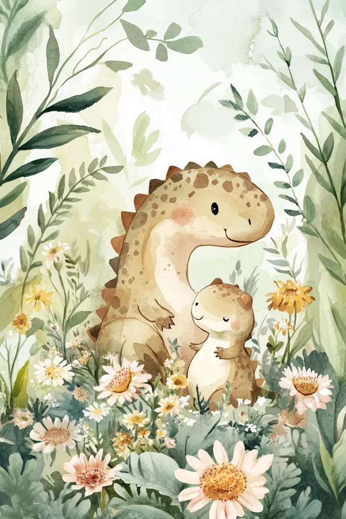 A watercolor illustration of a large dinosaur and a smaller dinosaur standing in a field of flowers and plants. The larger dinosaur has brown spots and the smaller dinosaur is a light brown color. The background is a pale green and white with green and brown leaves. The scene is painted with soft, delicate brushstrokes.