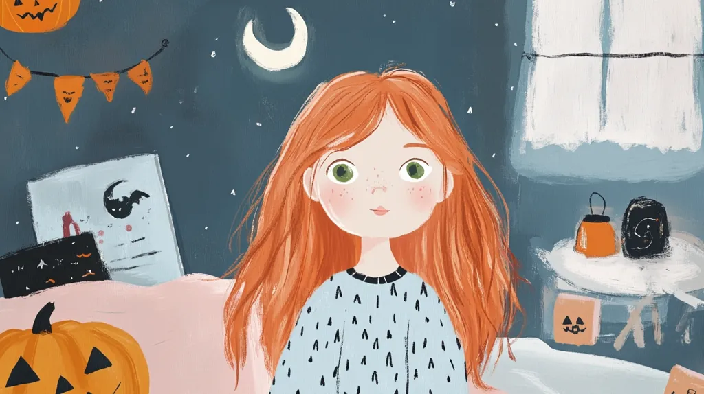 A young girl with long red hair and green eyes smiles in a blue sweater with a white pattern. She sits in a room decorated for Halloween, surrounded by pumpkins, bats, and a crescent moon. There is a window with white curtains and a side table with a small pumpkin. The room is painted in a dark blue and white color scheme.  A feeling of warmth and cheerfulness fills the image.