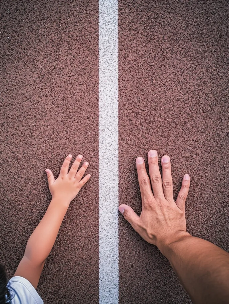A child's hand and an adult's hand are placed on opposite sides of a white line on a red track. The hands are open and flat, facing each other. The image suggests a sense of competition or teamwork, as if the two are about to race or work together. The red track suggests a sporting environment, while the white line emphasizes the division between the two hands. The image is simple yet evocative, prompting questions about the relationship between the two individuals.