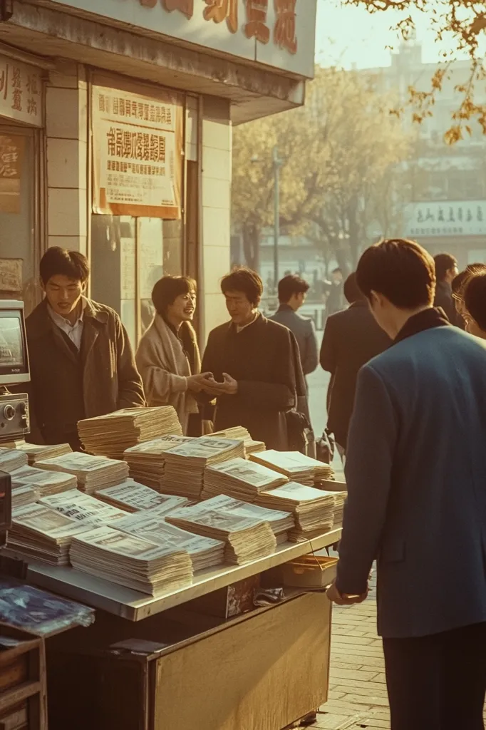 A group of people stand in front of a newsstand, with a stack of newspapers neatly arranged on a table. The man in the foreground is wearing a dark blue suit and appears to be looking at something off-camera.  The other people are casually dressed and are talking amongst themselves. The scene is set in an urban environment, with a building and trees in the background. The warm sunlight gives the scene a soft, nostalgic feel.