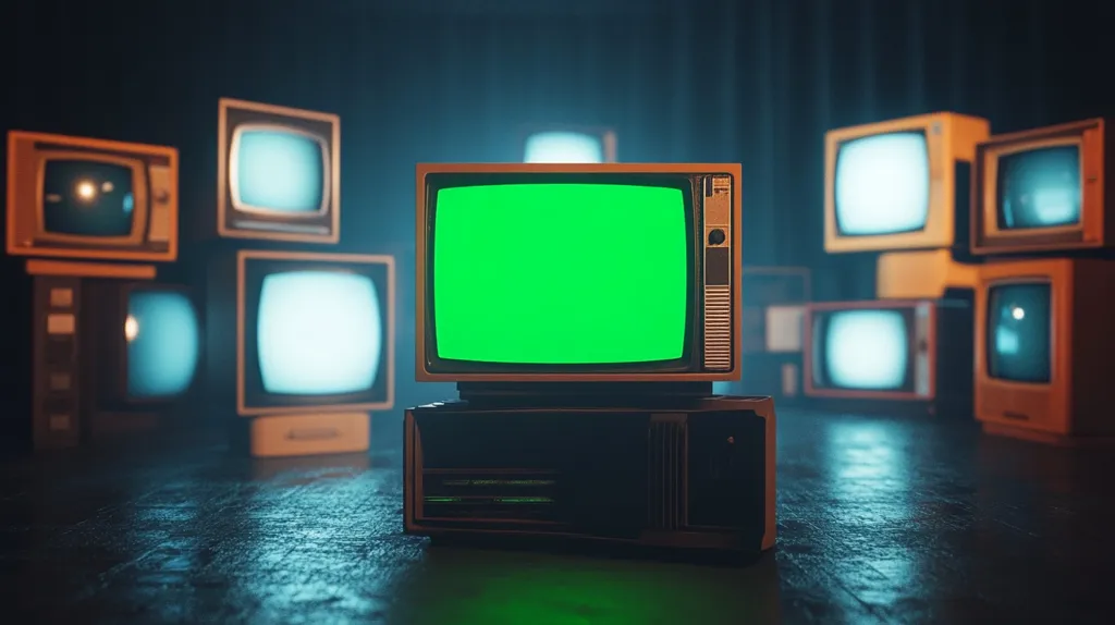 A vintage television with a green screen sits in the center of the image. The TV is surrounded by other old televisions that are turned off and displaying static. The televisions are all in front of a dark, blurry background. The image has a retro feel, with the televisions evoking a sense of nostalgia.