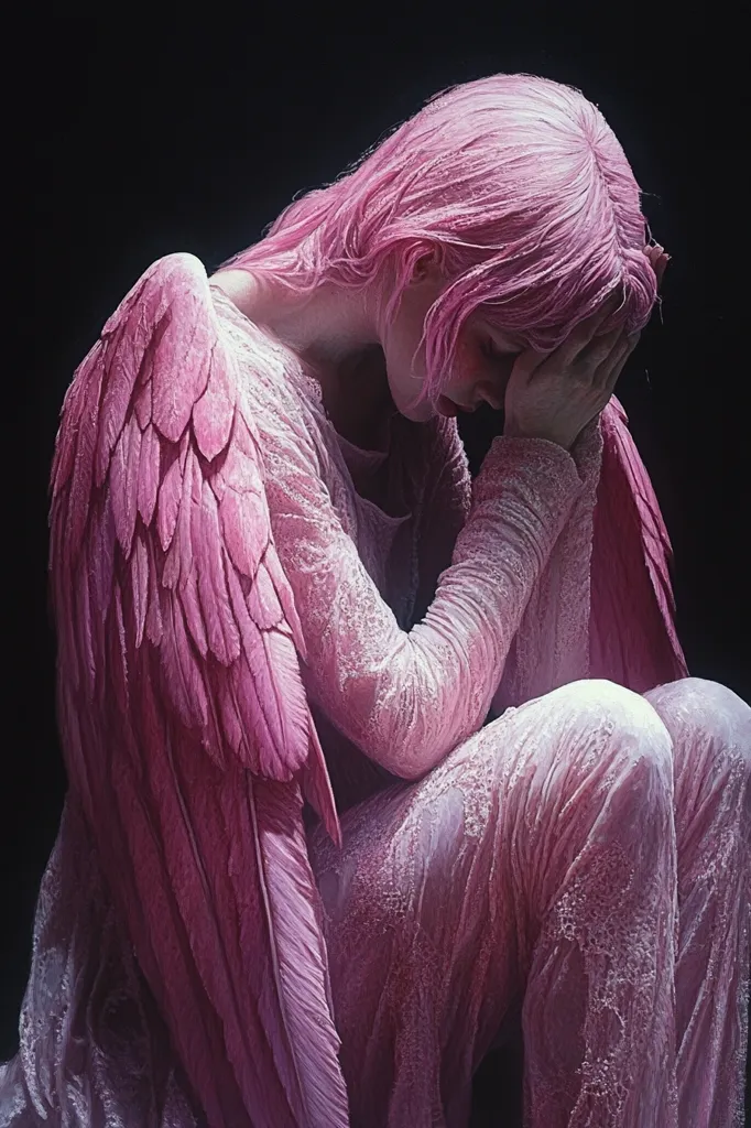 A figure with pink hair and large, pink angel wings sits with their head in their hands, their body draped in a delicate, white, lacey gown. The figure appears to be weeping, its eyes closed and its face hidden in its hands. The lighting casts a soft glow on the figure, creating a sense of ethereal beauty and sadness.  The image conveys a sense of loss and sorrow.