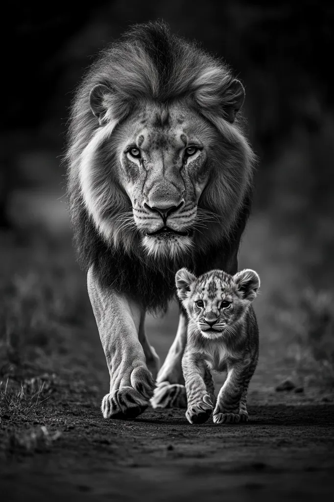 A majestic lion with a thick mane and a serious expression walks towards the camera. Beside him, a young lion cub with innocent eyes follows in his father's footsteps. Both lions are captured in a black and white photograph, highlighting their striking features and creating a sense of power and lineage. The image showcases the bond between father and cub, as well as the natural beauty of these magnificent creatures.