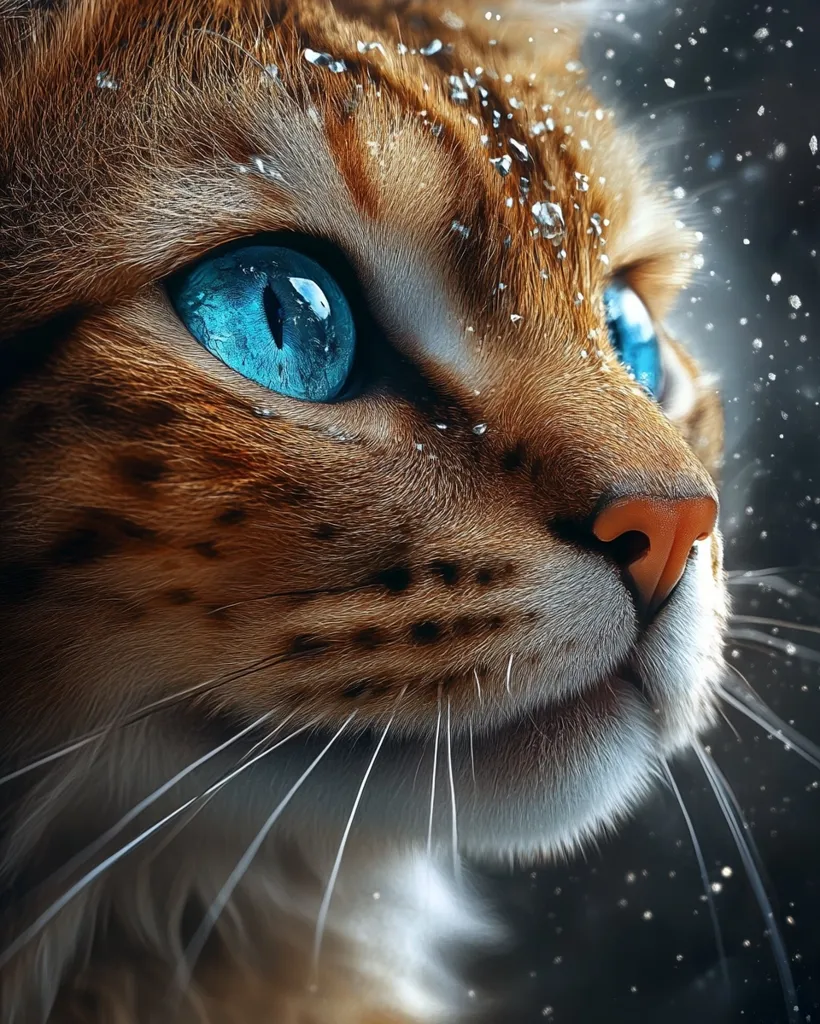 A close-up of a cat's face, with its bright blue eye, wet fur, and whiskers. The cat is looking up and to the right, with a thoughtful expression. The background is out of focus, and the image is lit by a soft light. The cat's fur is a mixture of brown and black, and the image is of a high quality.  The background features a soft, blurry effect, resembling falling snow.  The image captures a moment of calm and quiet contemplation.