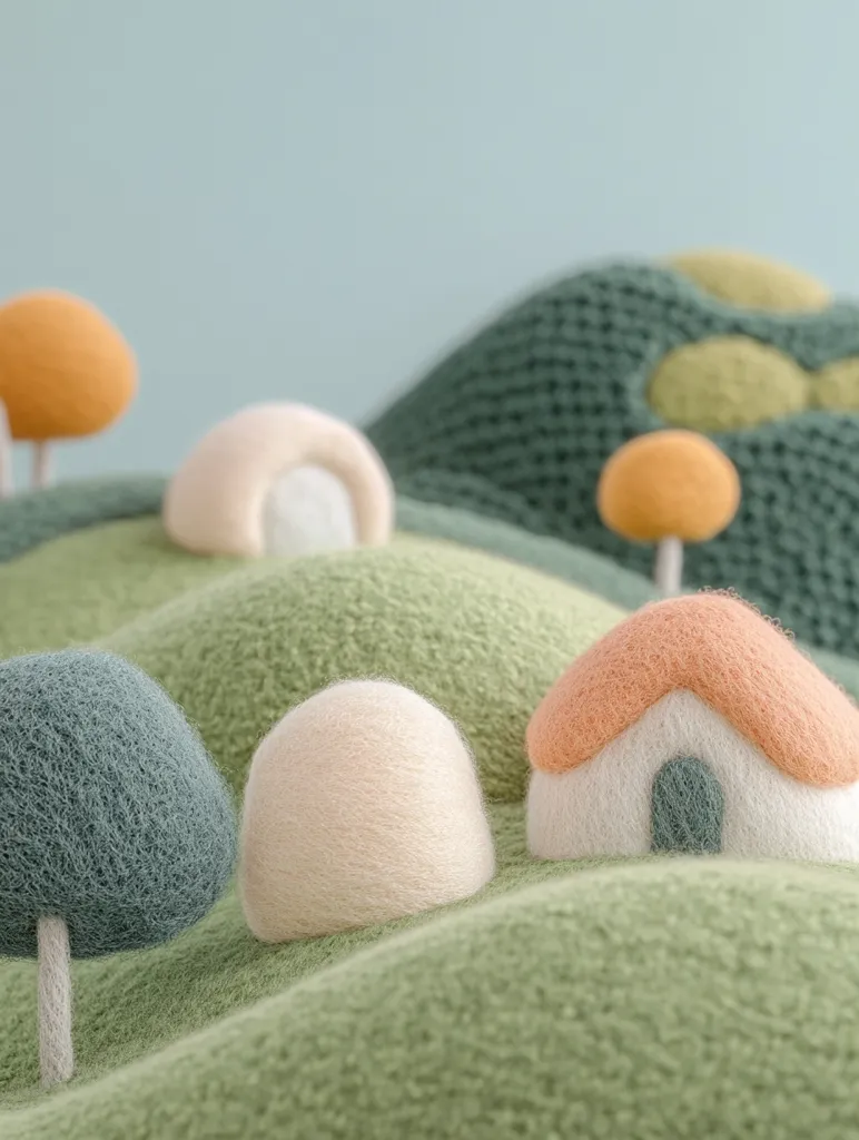 A miniature felt landscape with a white house, a green roof, and orange walls.  The house sits on a grassy hill surrounded by soft, fluffy trees. The background is a textured green knit material, suggesting a playful and imaginative scene.