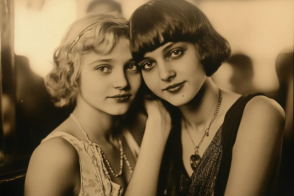 The sepia-toned photograph shows two young women in close proximity. The woman on the left has long, wavy blonde hair and wears a pearl necklace. The woman on the right has short, dark hair, and her face is angled towards the viewer. She is wearing a dark, sleeveless dress with a chain necklace. They both have a serious expression. The image captures a moment of intimacy between the two friends.