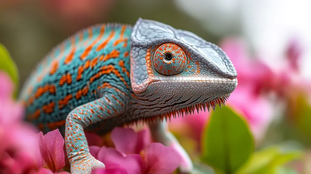 A vibrant chameleon with blue, orange, and white scales perches on a branch of pink flowers. Its large, forward-facing eyes are focused intently on something in the distance. The chameleon's skin is textured and its long, slender body is poised for movement. The background is a blur of green leaves and pink blossoms, creating a soft and delicate atmosphere. The image captures the beauty and grace of this fascinating reptile in its natural habitat.