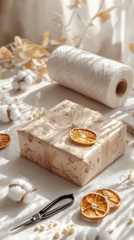A beautifully wrapped gift box with a delicate floral pattern sits on a white tablecloth.  The box is tied with twine and adorned with dried orange slices.  Cotton balls and a pair of black shears add a touch of rustic charm.  The background features a roll of white fabric and a soft, diffused light. The overall image evokes a sense of warmth, simplicity, and celebration.