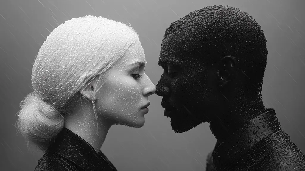 A black and white photo of a woman and a man facing each other. The woman has light skin and long white hair, while the man has dark skin. Their faces are covered in raindrops, creating a stark contrast between their appearances. The image conveys a sense of intimacy and connection, despite their differences. The background is a simple gray, with rain falling gently.