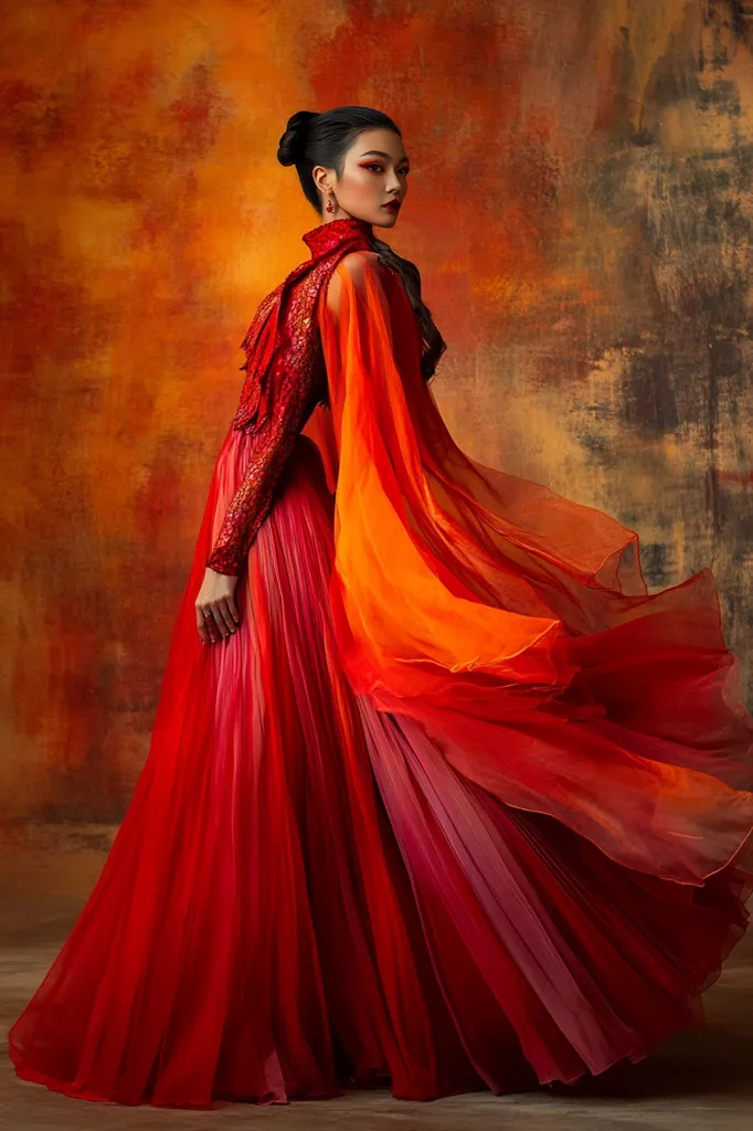 A woman in a flowing red and orange gown stands against a textured orange and brown backdrop. The gown is voluminous and billowing, with the fabric swirling around her. She has dark hair styled in a bun and wears dramatic makeup, including red lipstick and eyeliner. Her expression is confident and slightly haughty. The image evokes a sense of royalty and drama.