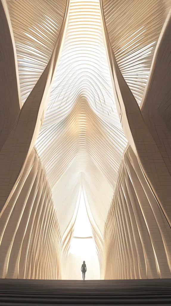 The image shows a large, modern, and open architectural space. The ceiling is a complex structure of curved, interlocking panels that create a light and airy feeling. The walls are smooth and white, and the floor is a series of steps. A lone figure walks towards the light that shines in from the top of the ceiling. The overall effect is one of openness and serenity.