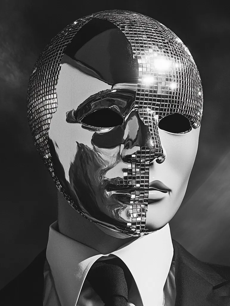 A person is wearing a silver disco ball mask that covers half of their face. The mask is made of small mirrored squares and reflects light in a dazzling way. The person is dressed in a suit with a white shirt and a black tie. The image is black and white, creating a sense of mystery and intrigue. The mask obscures half of the person's face, leaving the viewer to wonder about their identity and intentions. The image is a striking visual metaphor for the duality of human nature, with the mask representing both concealment and revelation.  The person's sharp features and piercing gaze suggest a bold and confident personality, while the mask adds an element of intrigue and mystery.