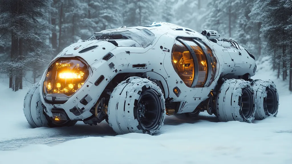 A futuristic, white, heavily armored vehicle with large wheels, a round, transparent passenger compartment, and glowing lights is parked in a snowy forest. The vehicle appears to be designed for off-road travel. The snow is pristine and the forest is dense, creating a sense of mystery and adventure.  The vehicle's rugged design and advanced features suggest it is capable of navigating harsh environments.