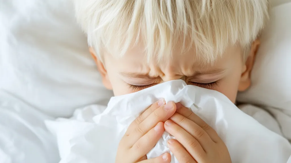 A young boy with blonde hair lies on a white bed, his face is scrunched up as he blows his nose into a white tissue. He has his eyes closed and appears to be sick.
