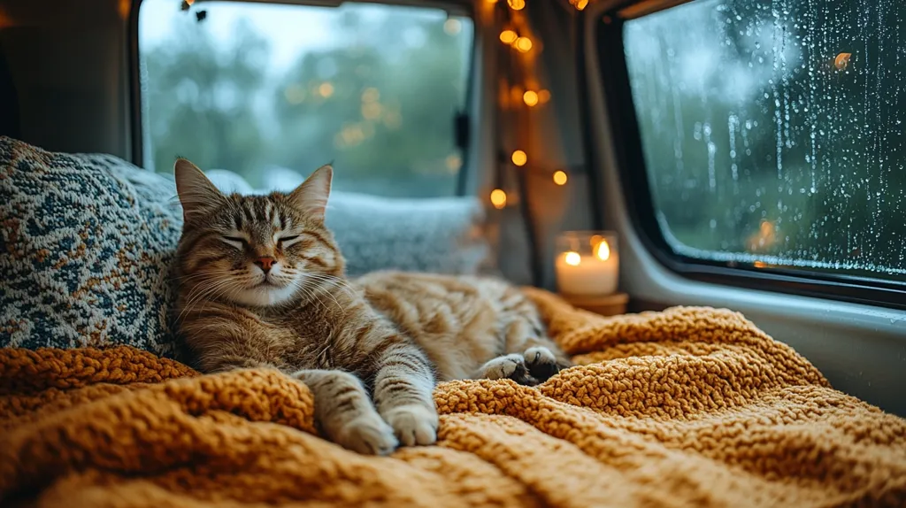 A tabby cat with its eyes closed lies on a mustard-colored blanket in the back of a van. The cat is relaxed and content. There is a pillow behind the cat, and a window with raindrops on it in the background. The van is decorated with string lights. It's a cozy and comforting scene.