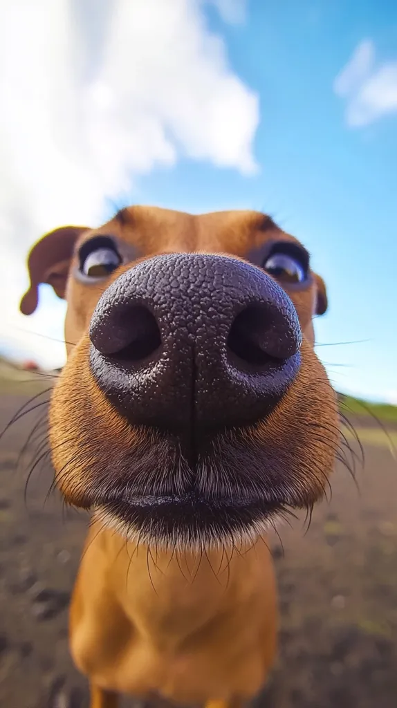 A close-up shot of a brown dog's face, taken from a low angle. The dog is looking directly at the camera with its large, dark nose filling the frame. The dog's brown fur is visible around the nose and mouth, and its whiskers are prominent. The background is a blurred blue sky with white clouds.  The dog's expression is playful and curious.