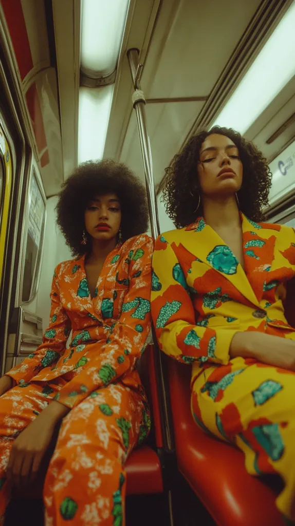 Two young women are seated side-by-side on a subway train. They are both wearing brightly colored, patterned suits with a bold, colorful aesthetic. The woman on the left has an afro and is wearing an orange and green suit, while the woman on the right has long curly hair and is wearing a yellow and red suit. The women are looking straight ahead, with a serious expression on their faces, as if they are contemplating their surroundings. The warm, filtered lighting of the subway car gives the image a vintage feel.