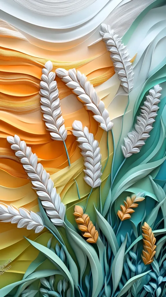 A 3D paper art piece depicting a field of wheat. The wheat stalks are white with intricate details, and the background is layered with vibrant colors of orange, yellow, green, and blue. The paper is meticulously cut and layered to create a sense of depth and texture.  The piece has a calming and elegant aesthetic.