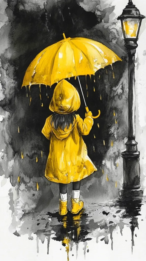 A watercolor painting depicting a child wearing a bright yellow raincoat and holding a yellow umbrella in the rain. The child stands facing away from the viewer with a streetlamp in the background. The image uses shades of grey and yellow to create a moody, atmospheric scene.