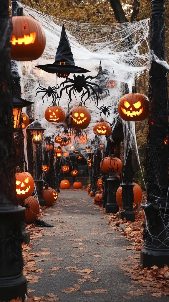 A spooky Halloween pathway lined with jack-o-lanterns, spiderwebs, and a witch's hat. The glowing pumpkins cast an eerie light on the path, creating a festive atmosphere.  Fallen leaves add a touch of autumnal charm to the scene.  The image evokes a sense of fun and excitement for the Halloween season.