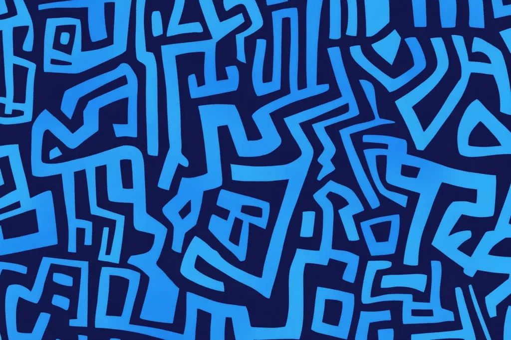 The image is an abstract pattern of interlocking blue shapes on a dark blue background. The shapes are all different sizes and shapes, and they create a complex and intricate design. The blue shapes are outlined in black, which gives them a bold and graphic look. The pattern is reminiscent of a maze or a labyrinth, and it suggests a sense of mystery and intrigue.
