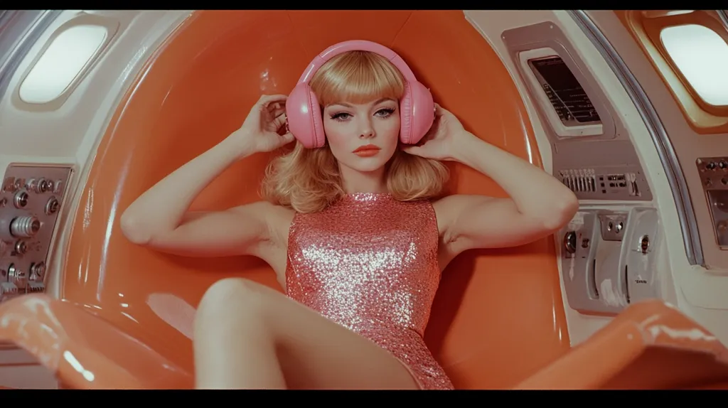 A young woman with blonde hair and wearing a pink sparkly dress sits in a futuristic orange chair. She wears pink headphones and has a serious expression on her face. The surrounding space is styled with futuristic and retro elements.