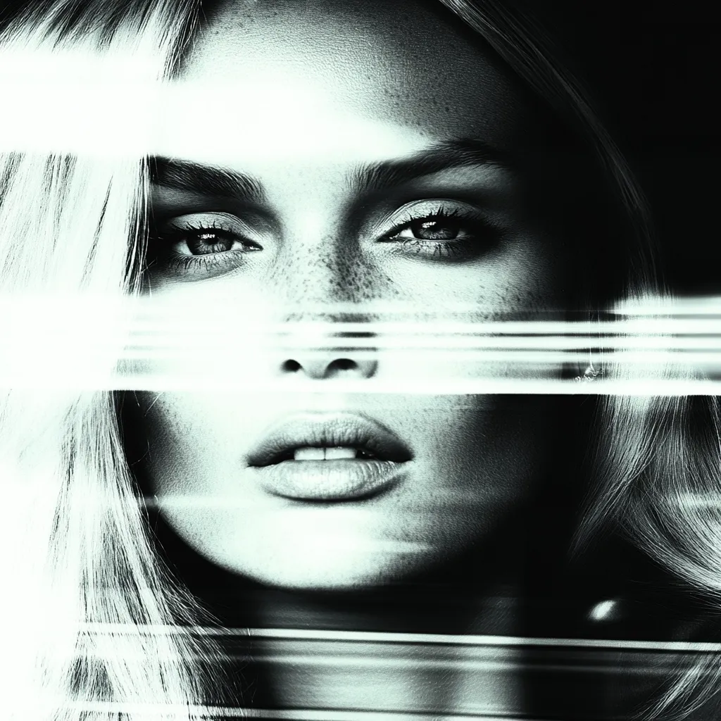 A close-up black and white image of a woman's face with long blonde hair. Her eyes are looking directly at the camera. Her face is partially obscured by a series of horizontal lines. The image is artistic and evokes a sense of mystery.  The lines could represent a window, a screen, or some other barrier.