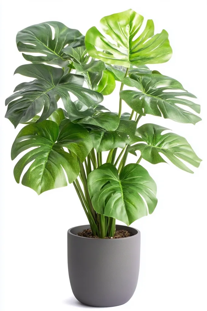 A large, lush potted plant with large, deep green leaves is shown against a white background. The plant is in a gray, rounded pot. The leaves are slightly curled and have a textured surface.  The plant appears to be a Monstera Deliciosa.  The image is taken from a slightly elevated perspective, showing the plant from the side.