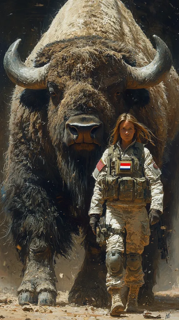A large, brown bison with long, shaggy fur stands in front of a young woman in military gear.  The woman wears a camouflage uniform, a tactical vest, and knee pads.  She carries a rifle and a pistol on her hip.  The bison looks directly at the viewer, while the woman stares straight ahead.  The image is rendered in a realistic style with a focus on detail.