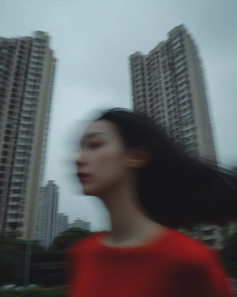 A woman with long black hair is walking through a city, her face blurred, her red shirt a splash of color against the tall buildings. The image is shot in a dreamy, ethereal style, with the buildings and the woman's form softened and slightly out of focus. The sky above is grey and overcast, adding to the melancholy mood.